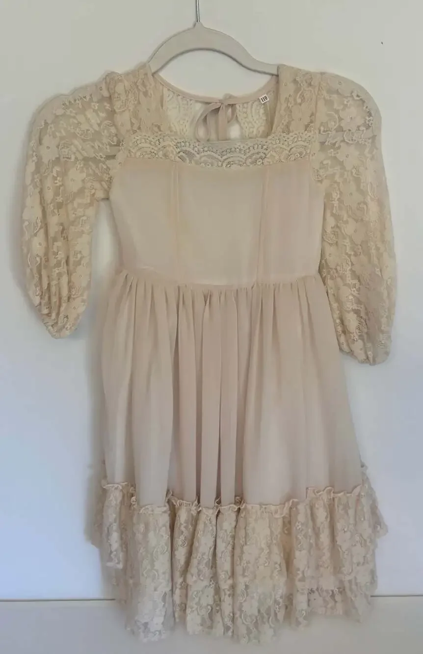 Girls Vintage-Style Cream Lace and Chiffon Tiered Dress with Tie Back